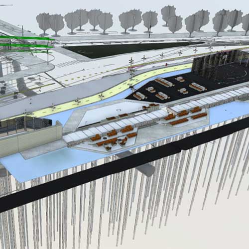 A digital architectural rendering shows a cross-section of an urban park with pathways, seating areas, and structural elements beneath the surface.