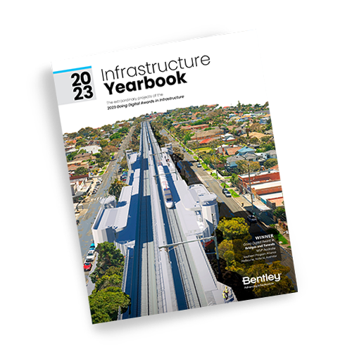 Infrastructure Yearbook 2023 mit dem Titelbild eines modernen Projekts im Bereich Verkehrswesen.