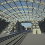 Modèle 3D d'une gare ferroviaire avec un toit de verre.