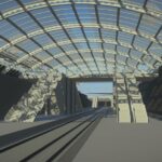 A 3d model of a train station with a glass roof. | Bentley Systems | Infrastructure Engineering Software Company A 3d model of a train station with a glass roof.