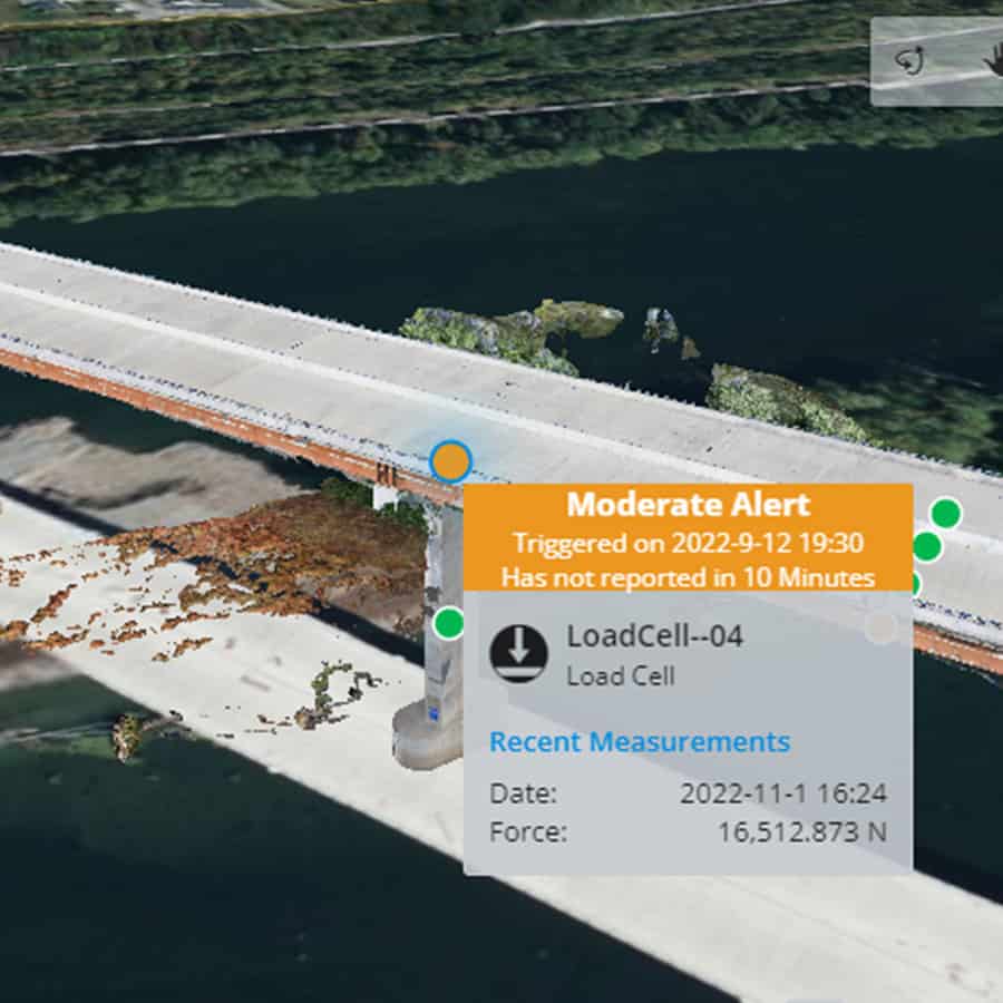 A digital map shows a bridge with a pop-up alert about a moderate issue on a load cell, including date, force measurement, and recent activity status.