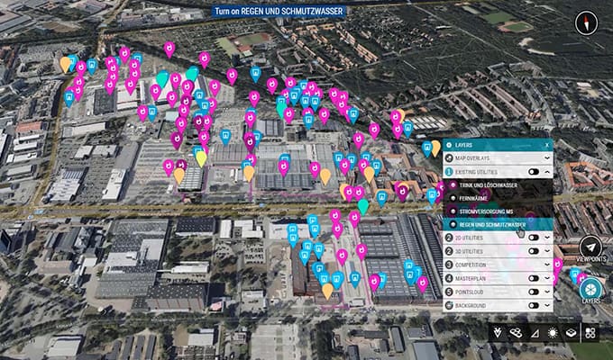 Software-Screenshot: Visualisierung von städtischen Orten und kritischen Infrastrukturpunkten