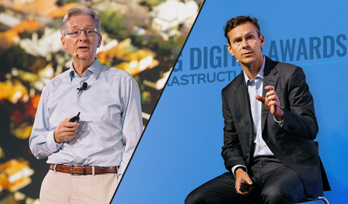 Two men presenting at a conference, with one standing beside a large screen with the text "digital awards".