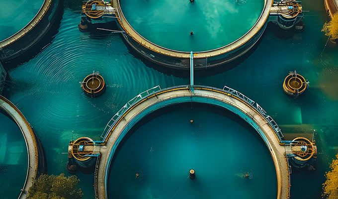 Aerial view of circular water treatment tanks with clear blue water, interconnected by bridges and surrounded by greenery.
