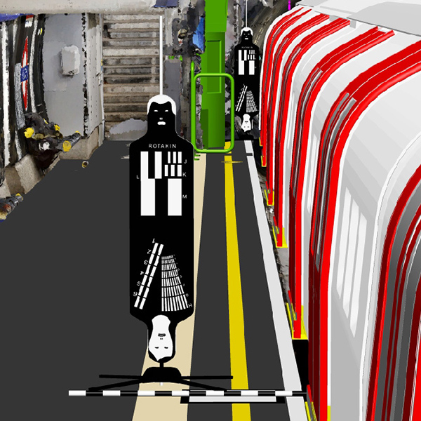 A rendering of a train with people on it.