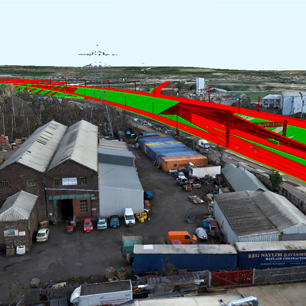 A 3d image of a warehouse with a red road in the background.