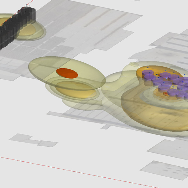 A 3d model of a building with a yellow circle in the middle.