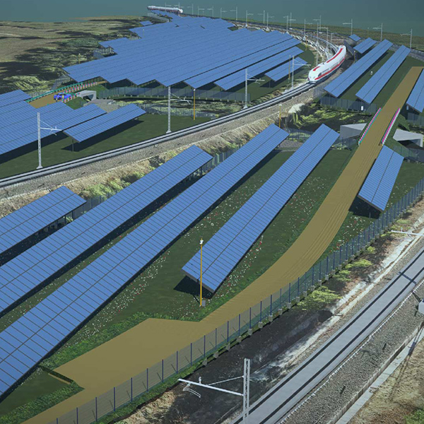 An artist's rendering of solar panels next to a train track.