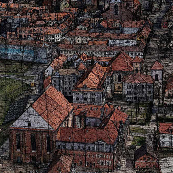 A software rendering aerial view of a town in poland.