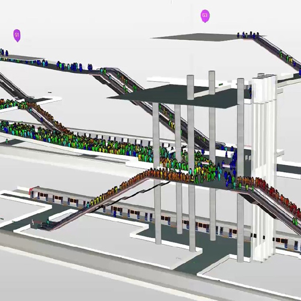 A 3d model of a train station with people on it.