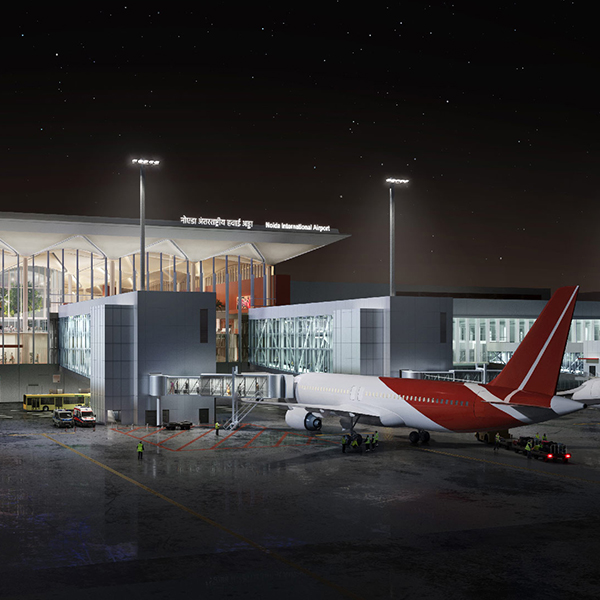 An artist's rendering of an airport at night.