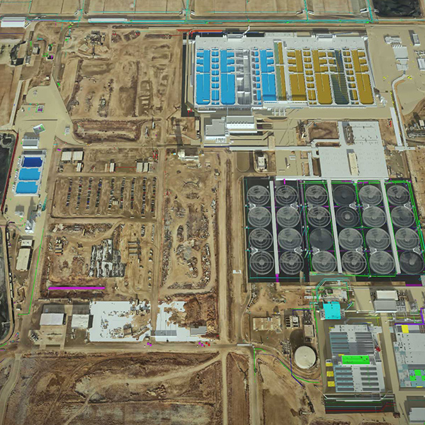 An aerial view of a large water treatment construction site.