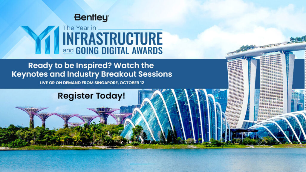 2023 Year in Infrastructure Going Digital Awards 그래픽이 상단에 있는 싱가포르의 풍경 및 건축