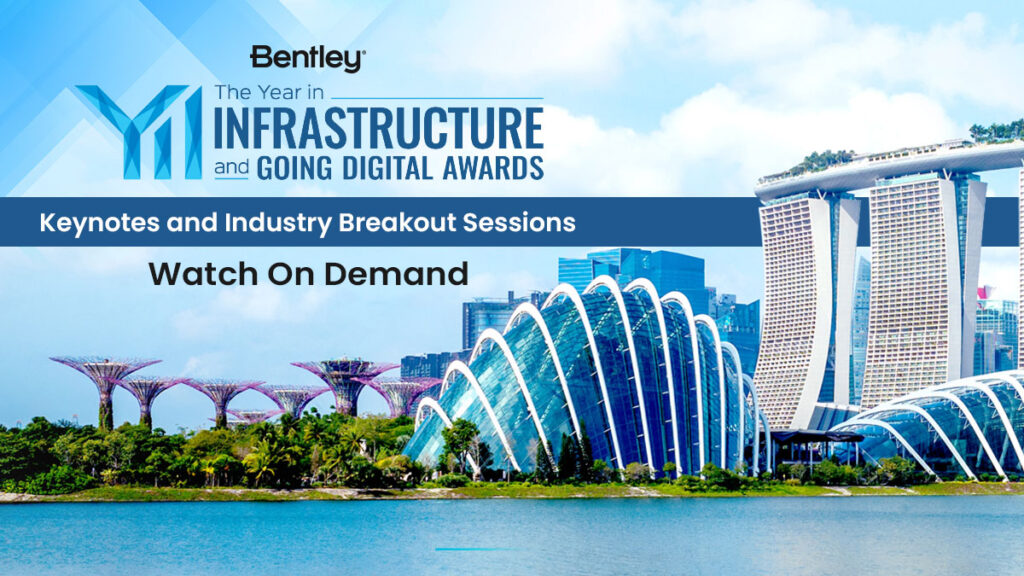 paesaggio, natura e architettura di Singapore con grafica di Year in Infrastructure e Going Digital Awards 2023 sovrapposta