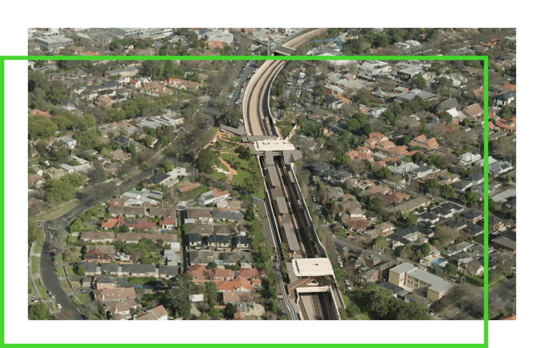 Software-Rendering des Eisenbahnstraßensystems durch ein Stadtviertel