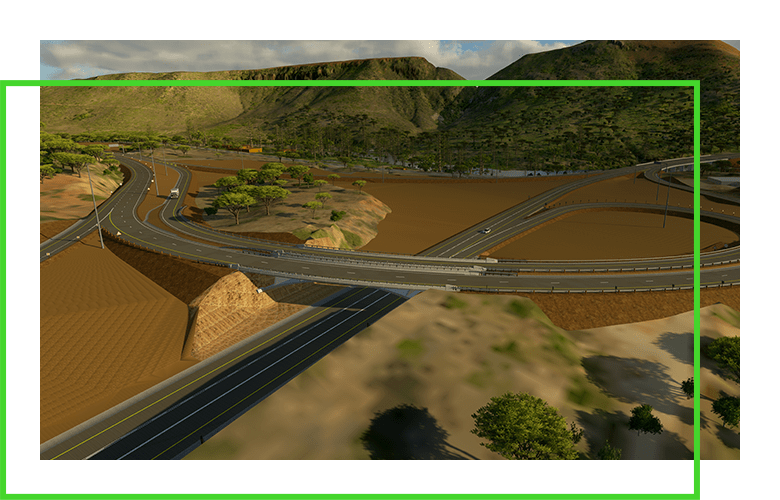 Computergeneriertes Rendering eines Straßen- und Autobahnnetzprojekts mit Bergen im Hintergrund