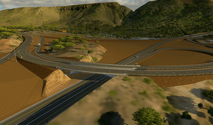 renderizado generado por computadora de un plan de proyecto de red de carreteras y autopistas con montañas de fondo