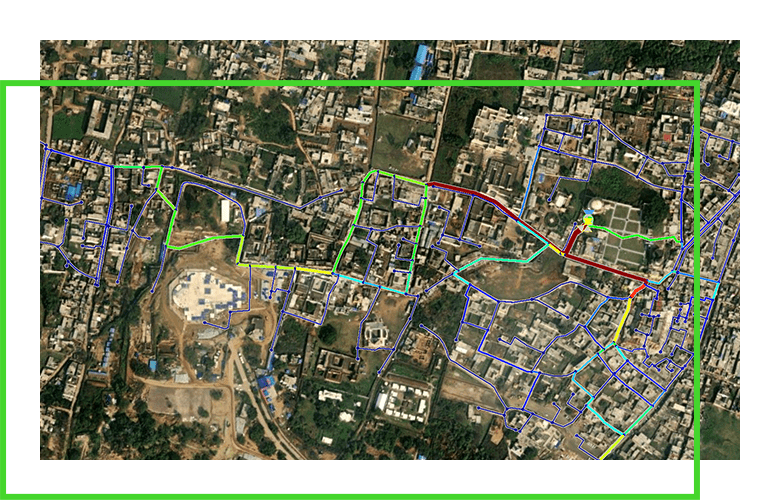 renderização de software da vista aérea da rede de água de uma cidade