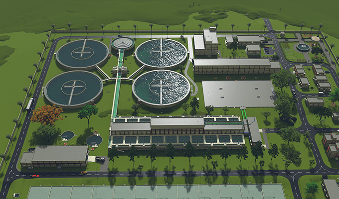 renderização gerada por computador da estação de tratamento de águas residuais