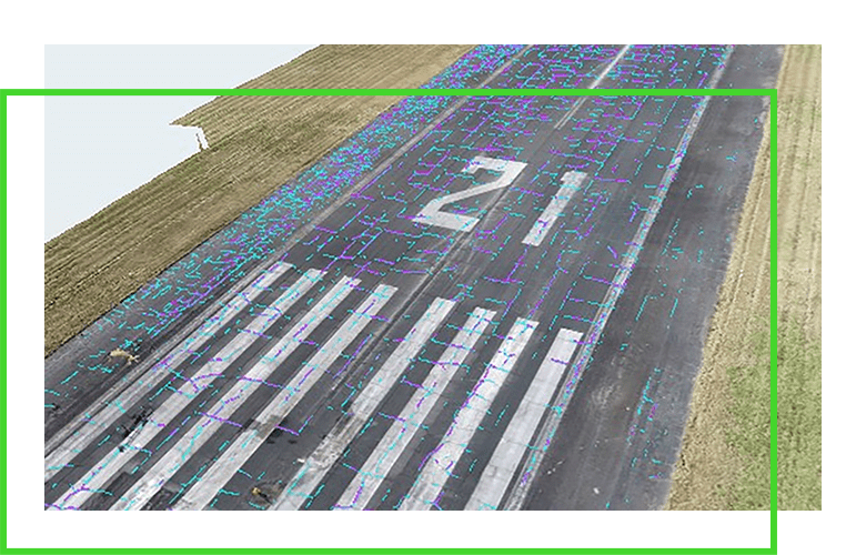 software rendering of airplane runway and cracks and damage points