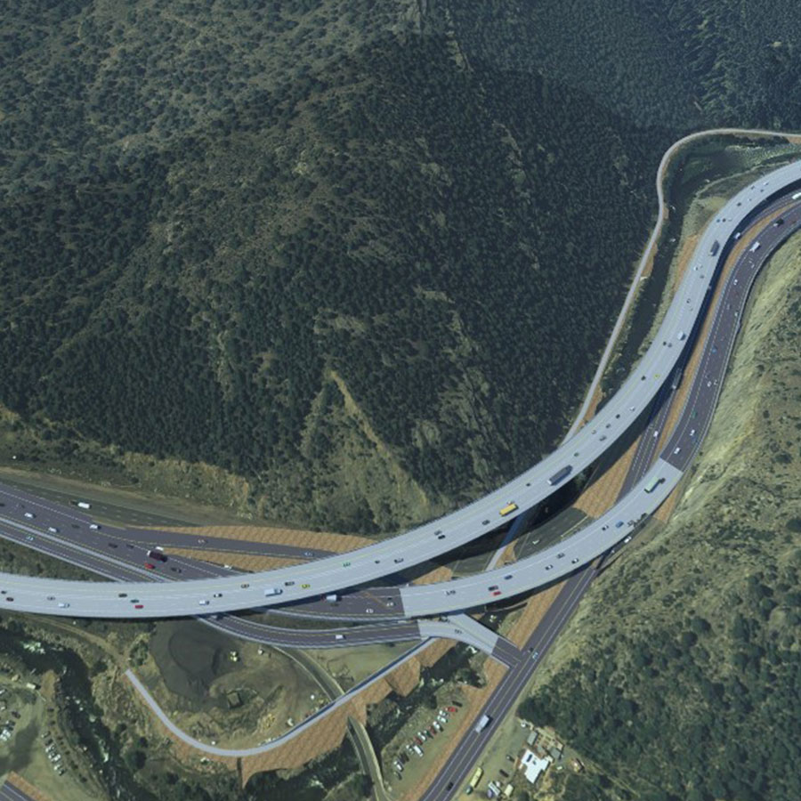 wygenerowana komputerowo wizualizacja autostrady wzdłuż zbocza góry