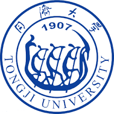 The Tongji University logo features the university name in English and Chinese, the year 1907, and a stylized design in the center, all in blue.