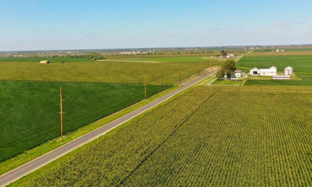 Aerial view of a rural road running between large green and brown agricultural fields, with a few scattered farm buildings and a power line tracing the landscape in support of local electric utilities.