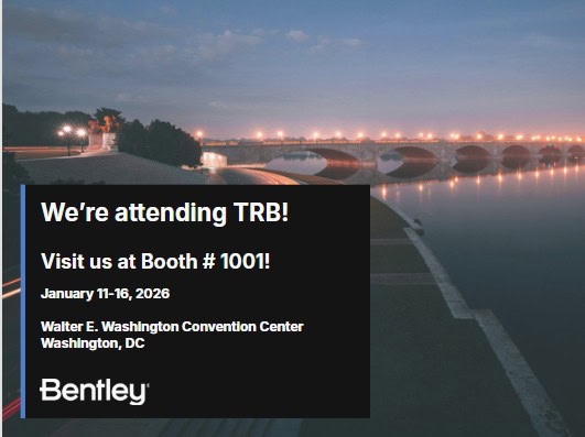 Promotional graphic for Bentley's attendance at TRB 2026, displaying event details and booth information against a backdrop of a city river and bridge at dusk.