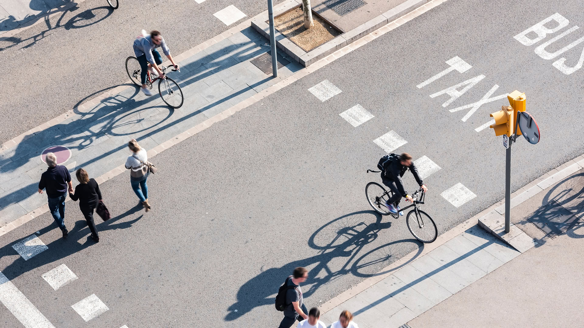 Aerial view of several cyclists riding in a bike lane and people walking across a crosswalk on a city street marked with "BUS" and "TAXI," ideal for an OpenPaths landing page.