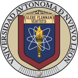 Seal of Universidad Autónoma de Nuevo León, a prominent LAT AM institution, featuring a torch with an atom symbol, the motto "Alere Flammam Veritatis," and the university name encircling this classic school logo.