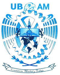 Blue and white emblem with an eagle, gears, a world map, a book symbolizing education, laurel branches, and the letters "UBAM"; banner below reads "Constancia, Unidad y Trabajo." Ideal for LAT AM school logos.