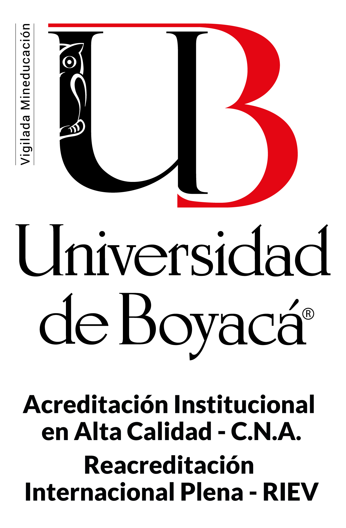 Logo of Universidad de Boyacá, a leader in LAT AM education, with text stating institutional accreditation in high quality by C.N.A. and full international reaccreditation by RIEV.