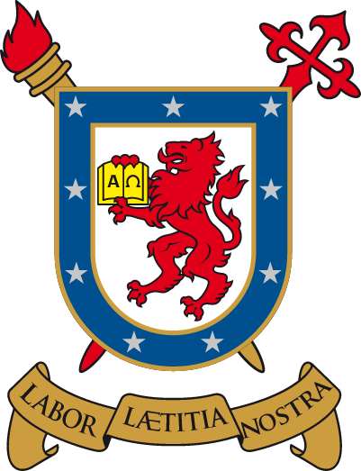 A heraldic shield ideal for School Logos, depicting a red lion holding a book, surrounded by blue with white stars. Behind are a torch and staff, symbolizing Education; beneath is a banner reading "LABOR LAETITIA NOSTRA.
