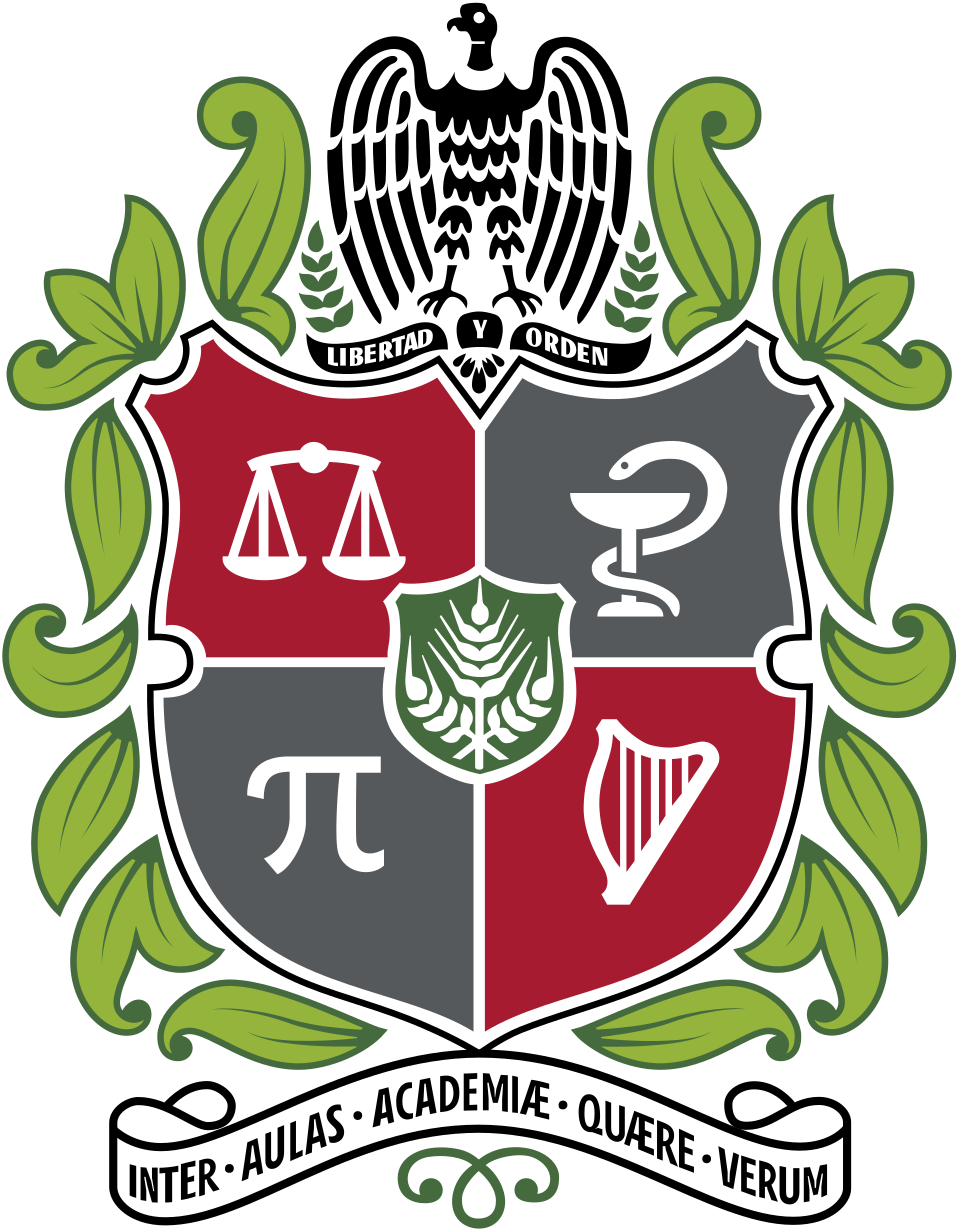 A coat of arms featuring an eagle, scales, a pharmacy bowl, pi symbol, harp, and leaves, with the motto "Inter Aulas Academiae Quaere Verum" on a banner below.