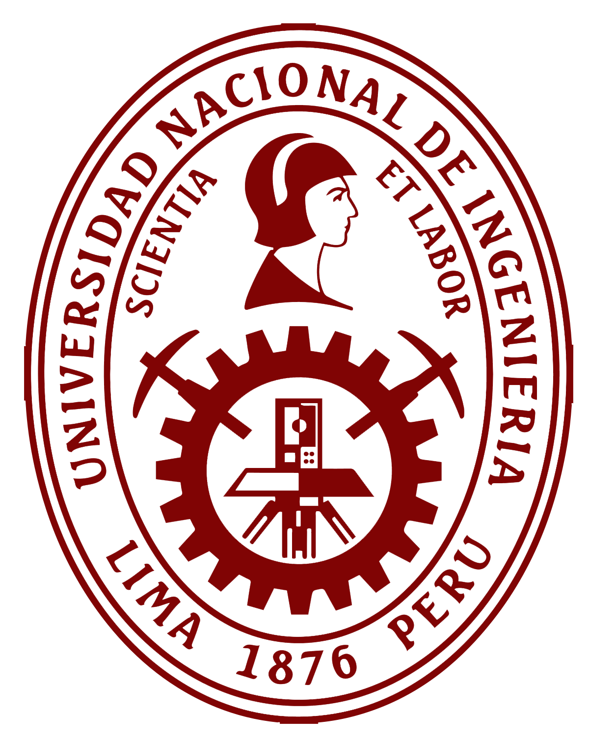 Seal of Universidad Nacional de Ingenieria, Peru—an iconic LAT AM school logo with a helmeted profile, two crossed hammers, a gear, and inscriptions in Latin and Spanish that symbolize excellence in education.