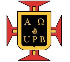 A black and gold shield with Greek letters Alpha and Omega above "UPB" and a flame symbol, set on a red cross with broad arms.