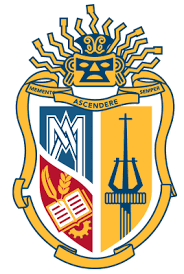 A shield-shaped crest for education in LAT AM, featuring a stylized face at the top, divided sections with abstract symbols, and a banner reading "MEMENTO ASCENDERE SEMPER.