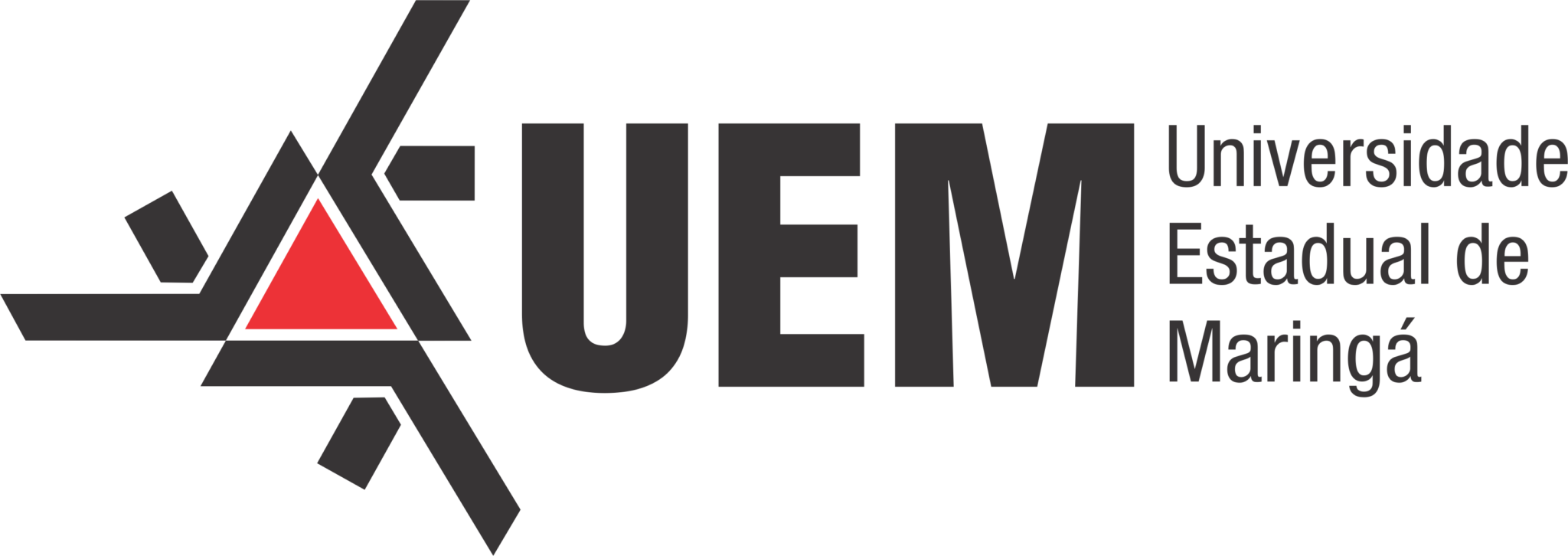 Logo of Universidade Estadual de Maringá (UEM) featuring abstract black geometric shapes and a red triangle, alongside the university name in Portuguese—an iconic example of LAT AM school logos in education.