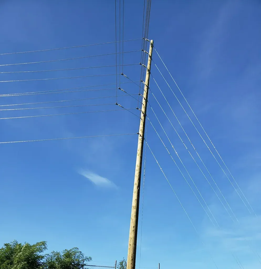 A wooden utility pole stands against a clear blue sky, its multiple power lines extending outward—a classic example of utility pole design that meets CSA compliance standards.