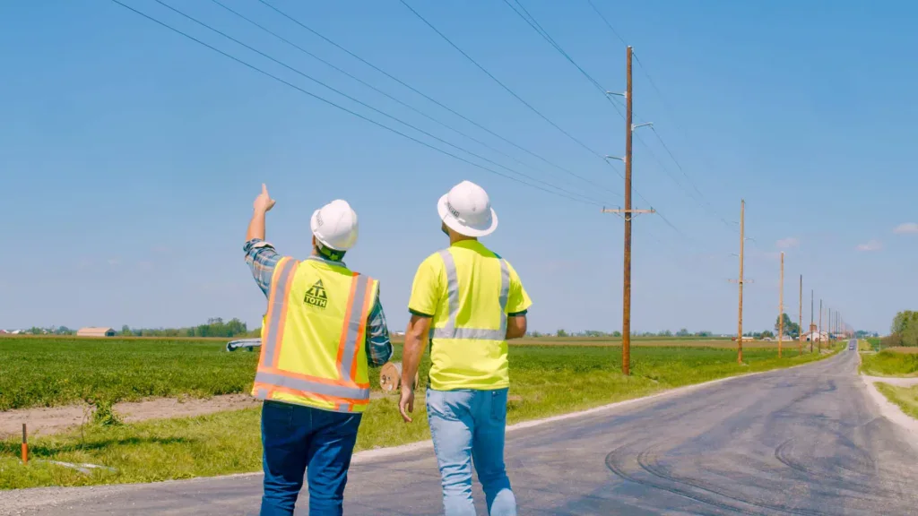 Two utility workers in safety vests and hard hats stand on a rural road, discussing digital line design and storm recovery for Toth and Associates as they gesture toward overhead power lines under a clear blue sky.
