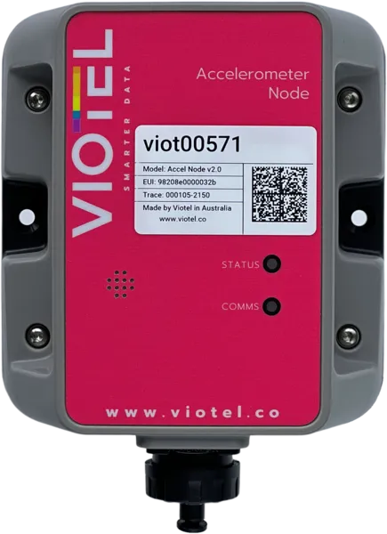 A Viotel Accelerometer Node device with status and comms indicators, model and serial information, and a company website on the front panel.