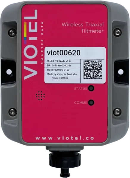 A Viotel wireless triaxial tiltmeter device with a QR code, status and comms indicators, and model information on the front panel.
