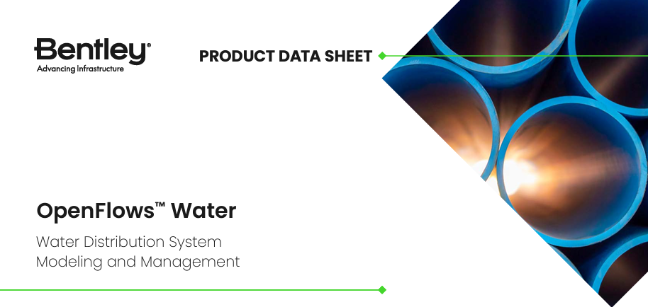 A product data sheet cover for Bentley's OpenFlows Water, featuring water distribution system modeling and management, with an image of blue pipes on the right side.