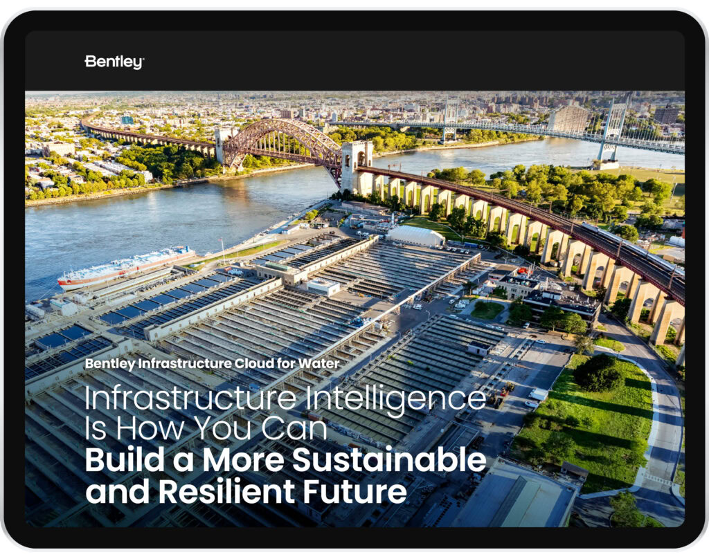 Aerial view of a water infrastructure facility by a river with bridges, accompanied by text about building a sustainable and resilient future using infrastructure intelligence.