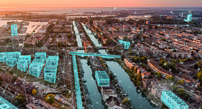 Aerial view of a city with digital renderings of buildings and infrastructure overlaid, depicting a smart city concept. A river splits the city, and the background shows the sunset. Thank you for downloading this stunning visual representation of urban innovation.