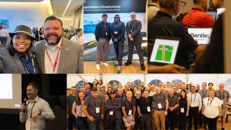 A collage of business conference scenes featuring smiling attendees, group photos, a speaker presenting on leadership, and people networking in a professional setting.