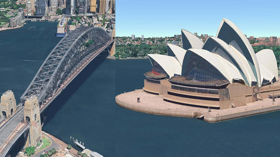Aerial view of Sydney Harbour Bridge on the left and Sydney Opera House on the right, showcasing harbor city landmarks surrounded by water and city buildings—a perfect scene for a Cesium-powered Sydney 3D tour.
