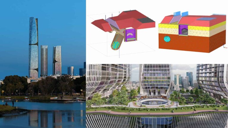 Collage showing a tall modern skyscraper, architectural and building section diagrams, and a landscaped courtyard between futuristic buildings Collage showing a tall modern skyscraper, architectural and building section diagrams, and a landscaped courtyard between futuristic buildings.