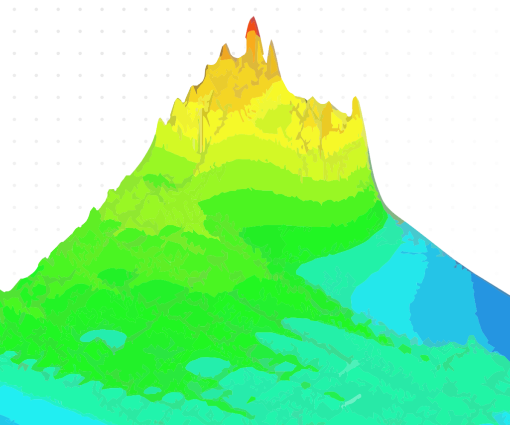 Digital elevation model of a mountainous terrain with a color gradient representing different heights.