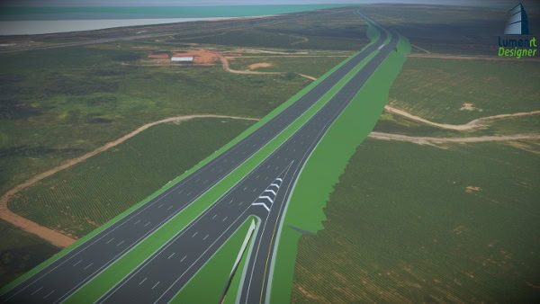 3D rendering of a proposed road project running through a rural landscape, featuring two lanes, a divider, surrounding fields, and a small building nearby.